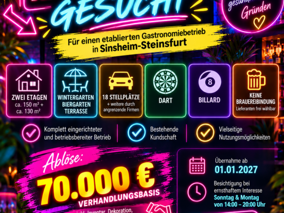 Etablierte Gastronomie in Sinsheim-Steinsfurt – komplett eingerichtet – Nachpächter gesucht